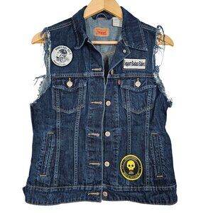 Custom Levis Vintage Distressed Denim Vest Motorcycle Biker‎ Patches Womens S/M
